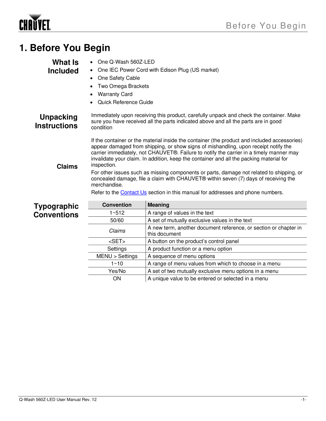 Chauvet 560Z-LED Before You Begin, What Is Included, Unpacking Instructions, Typographic Conventions, Convention Meaning 