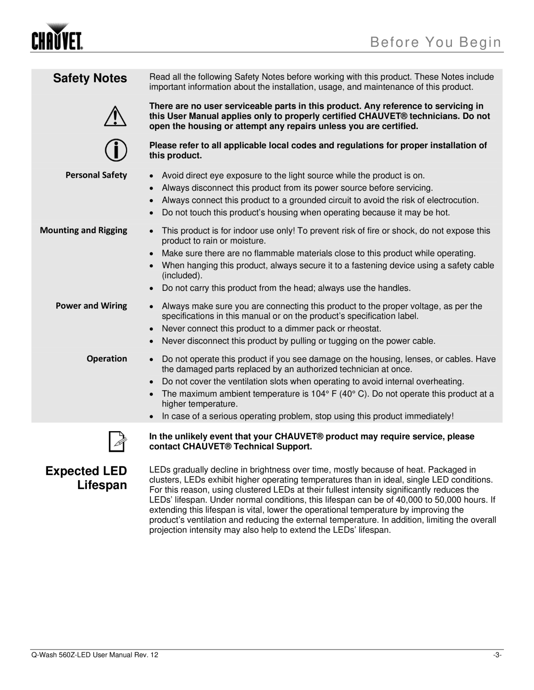 Chauvet 560Z-LED user manual Safety Notes, Expected LED Lifespan 