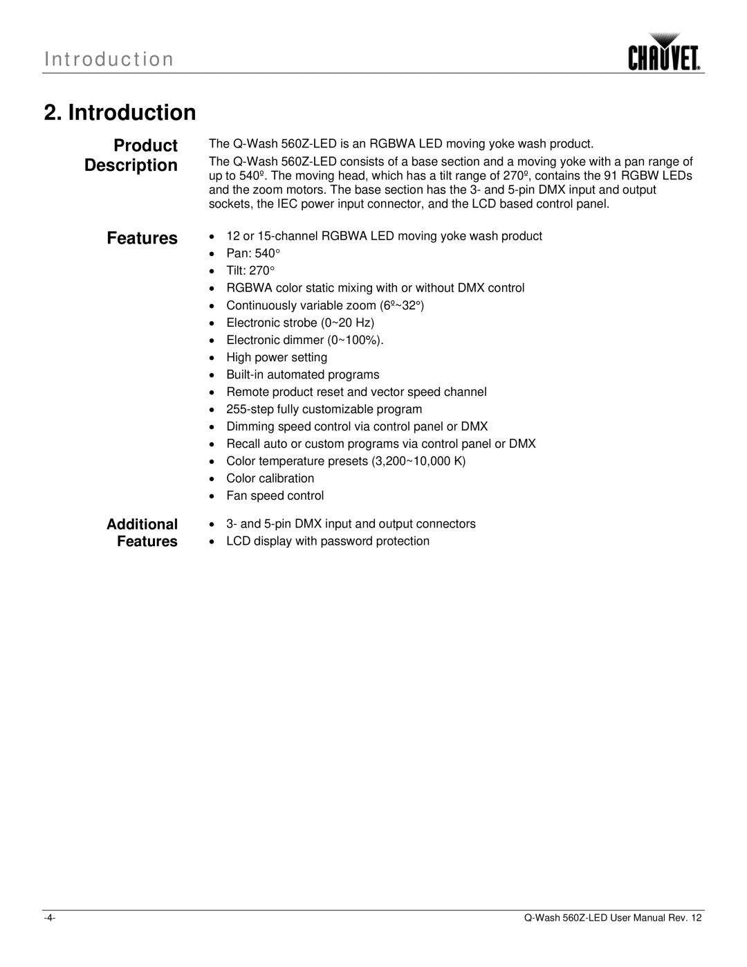 Chauvet 560Z-LED user manual Introduction, Product Description, Features 