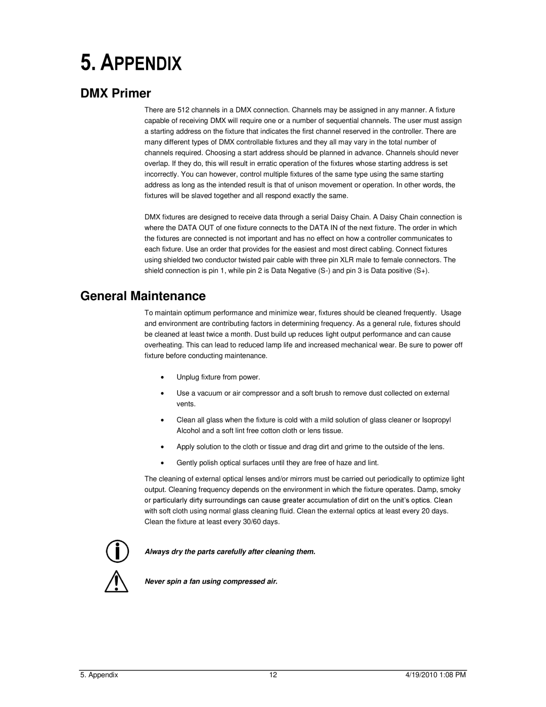 Chauvet 56C user manual Appendix, DMX Primer, General Maintenance 