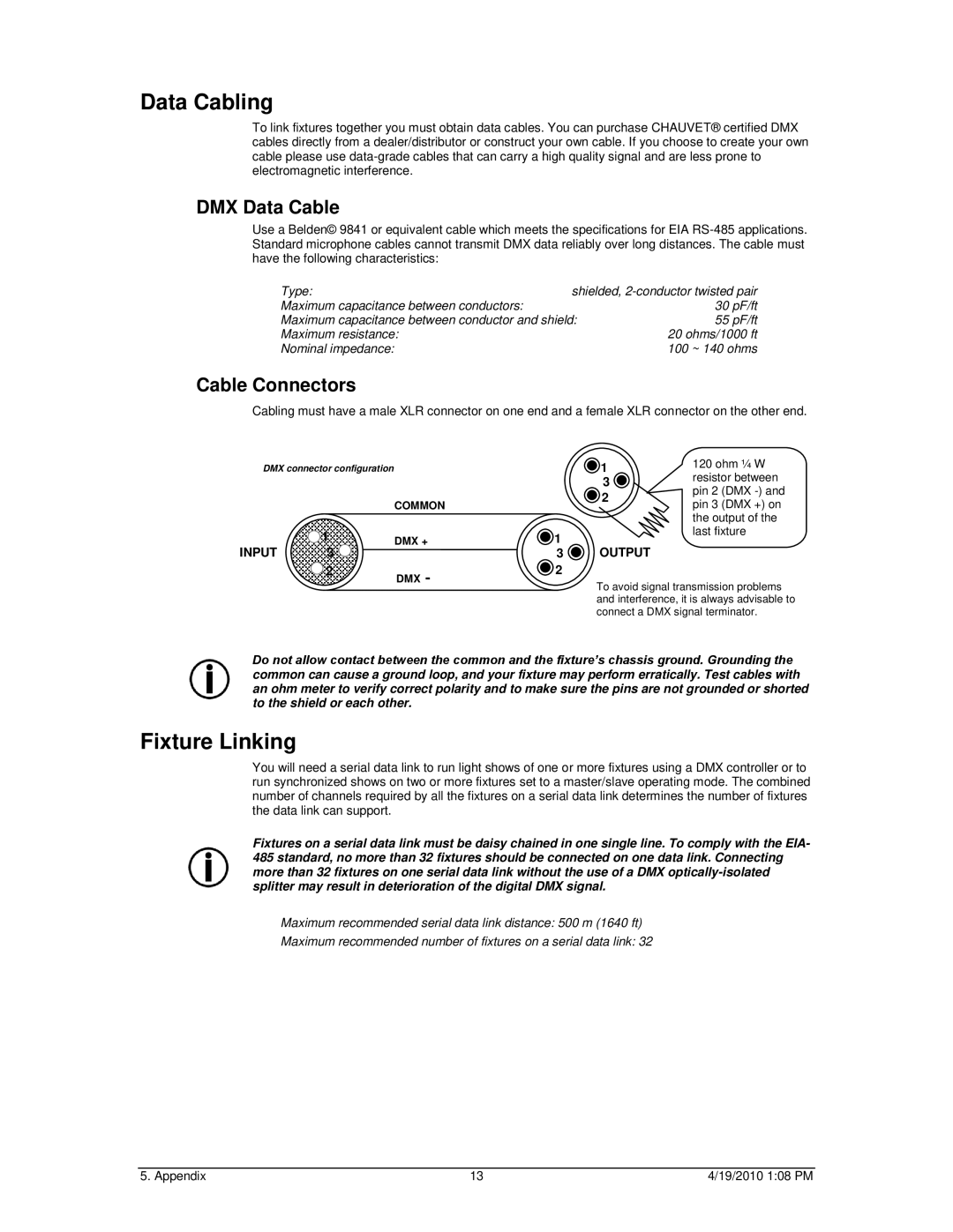 Chauvet 56C user manual Data Cabling, Fixture Linking 