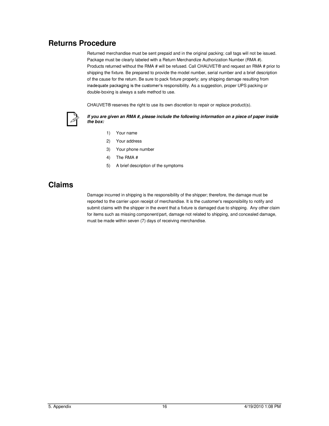 Chauvet 56C user manual Returns Procedure, Claims 