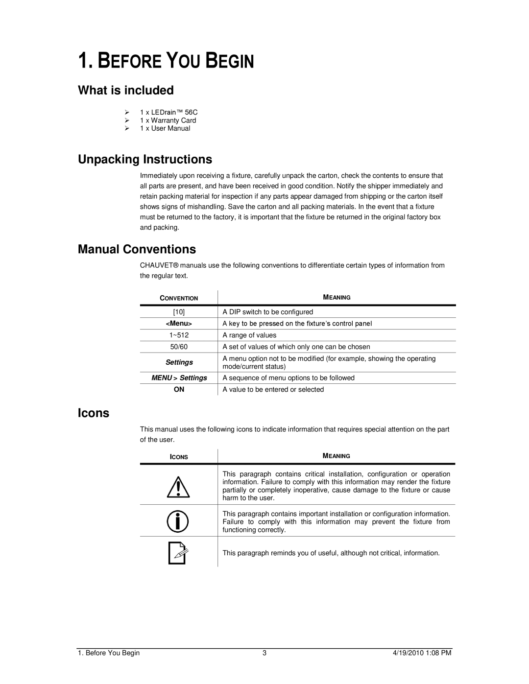 Chauvet 56C user manual Before YOU Begin, What is included, Unpacking Instructions, Manual Conventions, Icons 