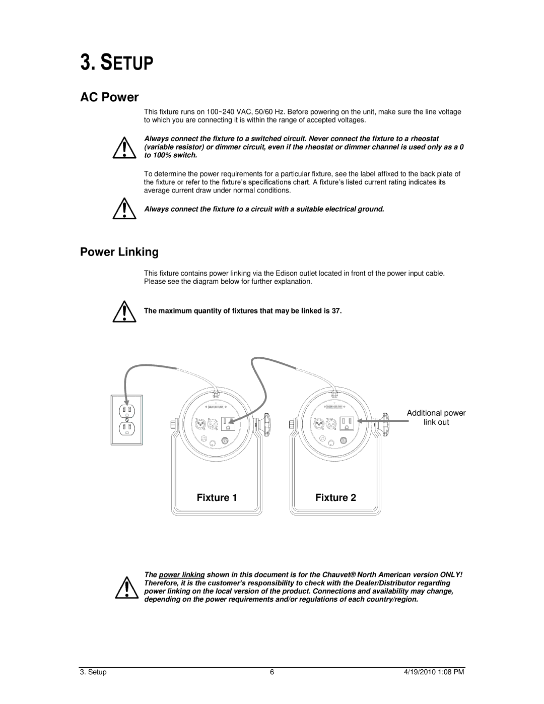 Chauvet 56C user manual Setup, AC Power 