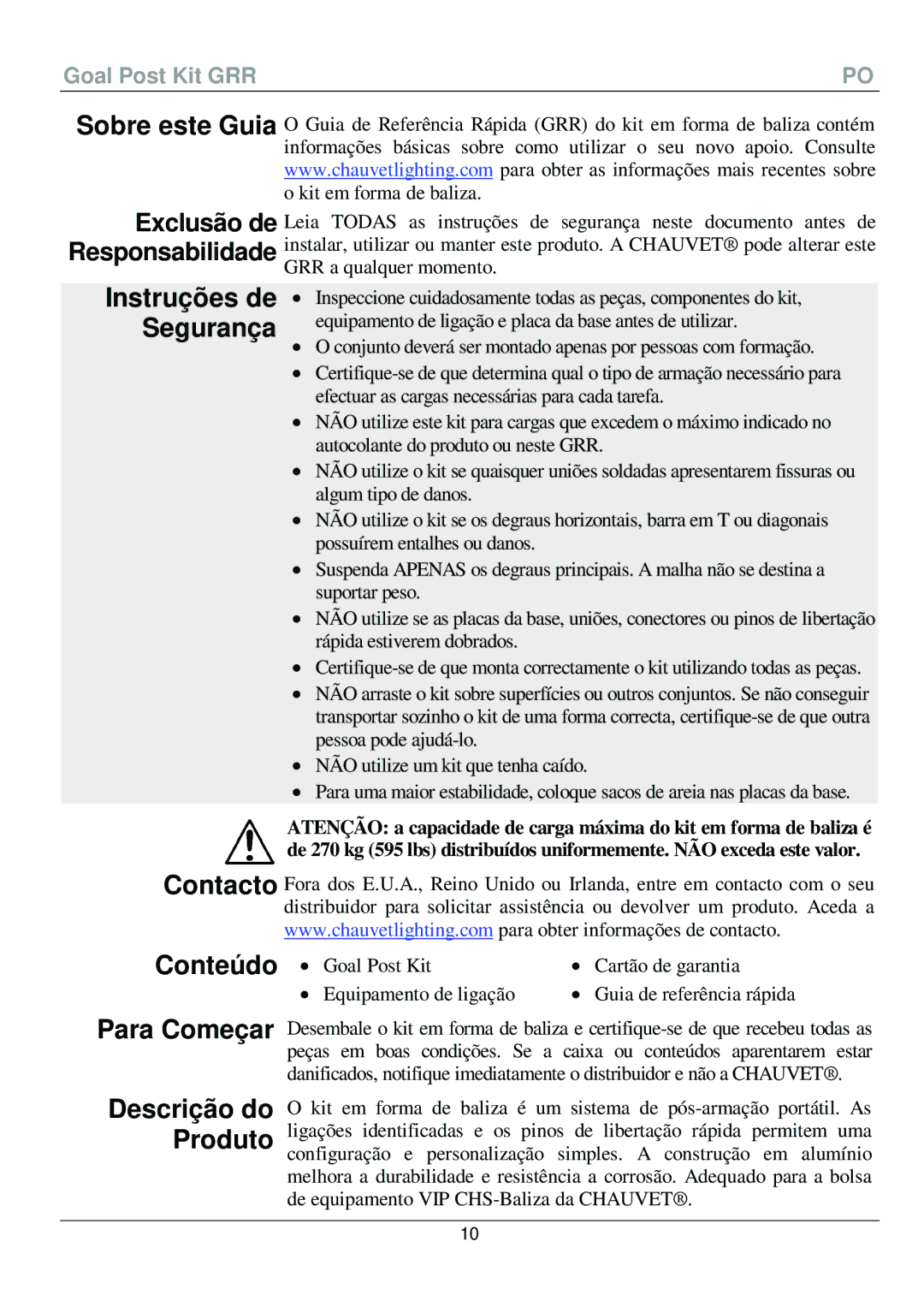 Chauvet 595 manual Conteúdo, Para Começar, Exclusão de Responsabilidade Instruções de Segurança, Descrição do Produto 