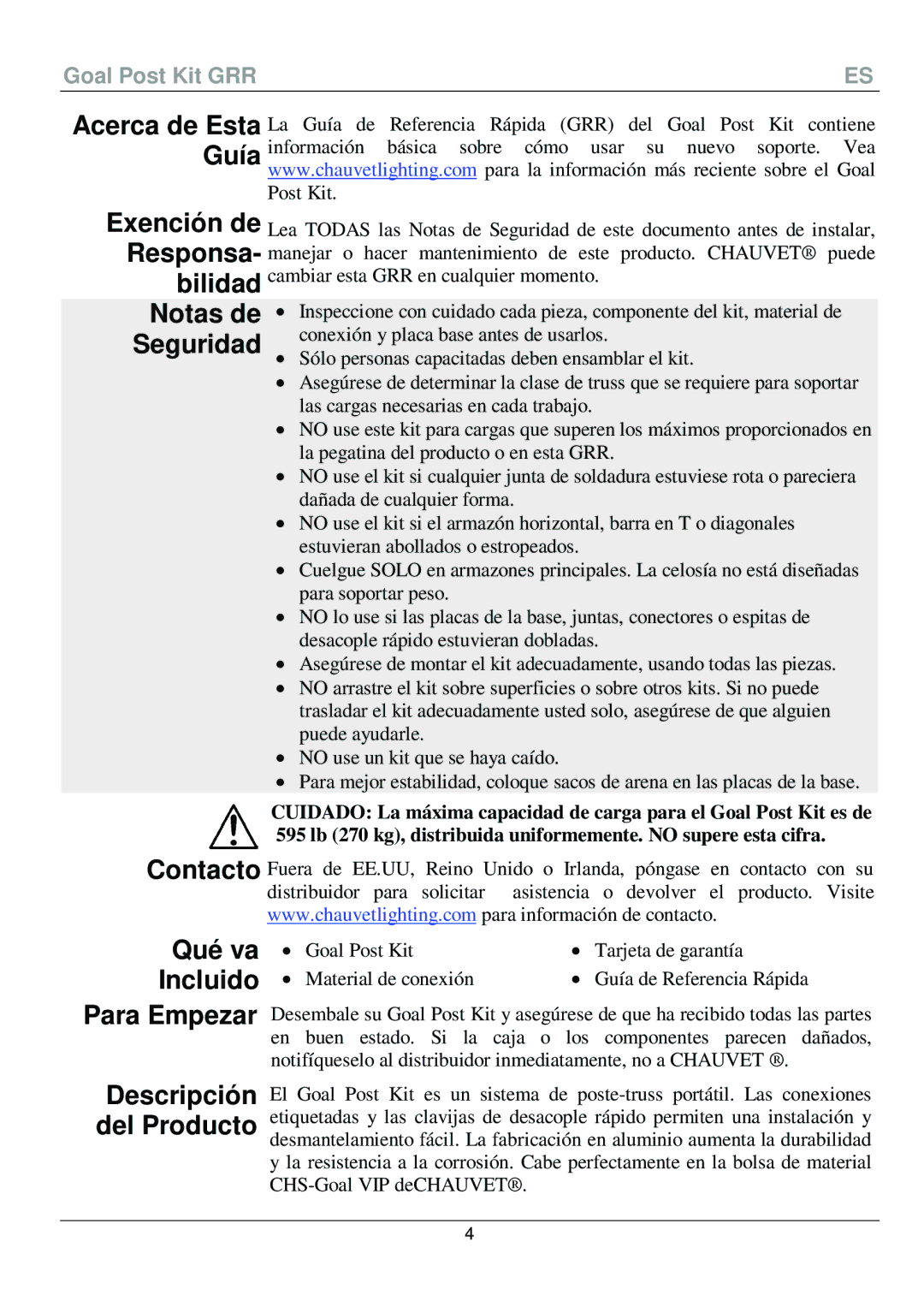 Chauvet 595 manual Qué va Incluido Para Empezar Descripción del Producto, Notas de Seguridad, Goal Post Kit GRR 