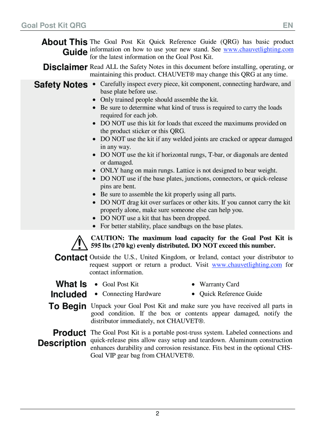 Chauvet 595 manual Safety Notes, What Is Included To Begin Product Description, Goal Post Kit QRG 