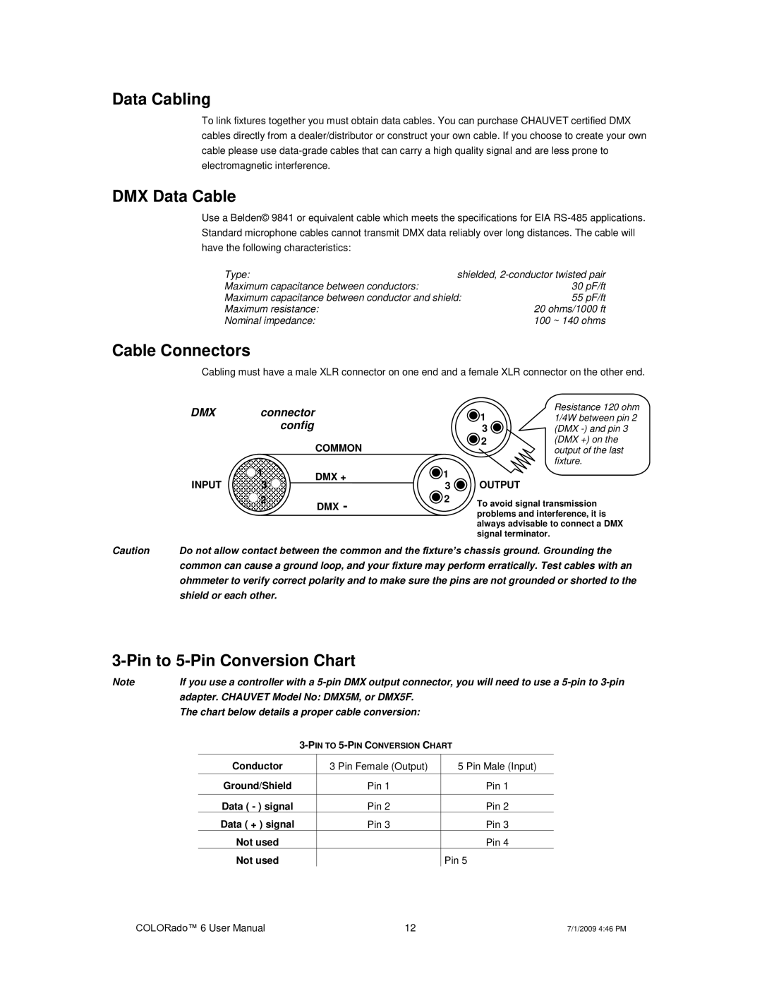 Chauvet 6 user manual Data Cabling, DMX Data Cable, Cable Connectors, Pin to 5-Pin Conversion Chart, Conductor 