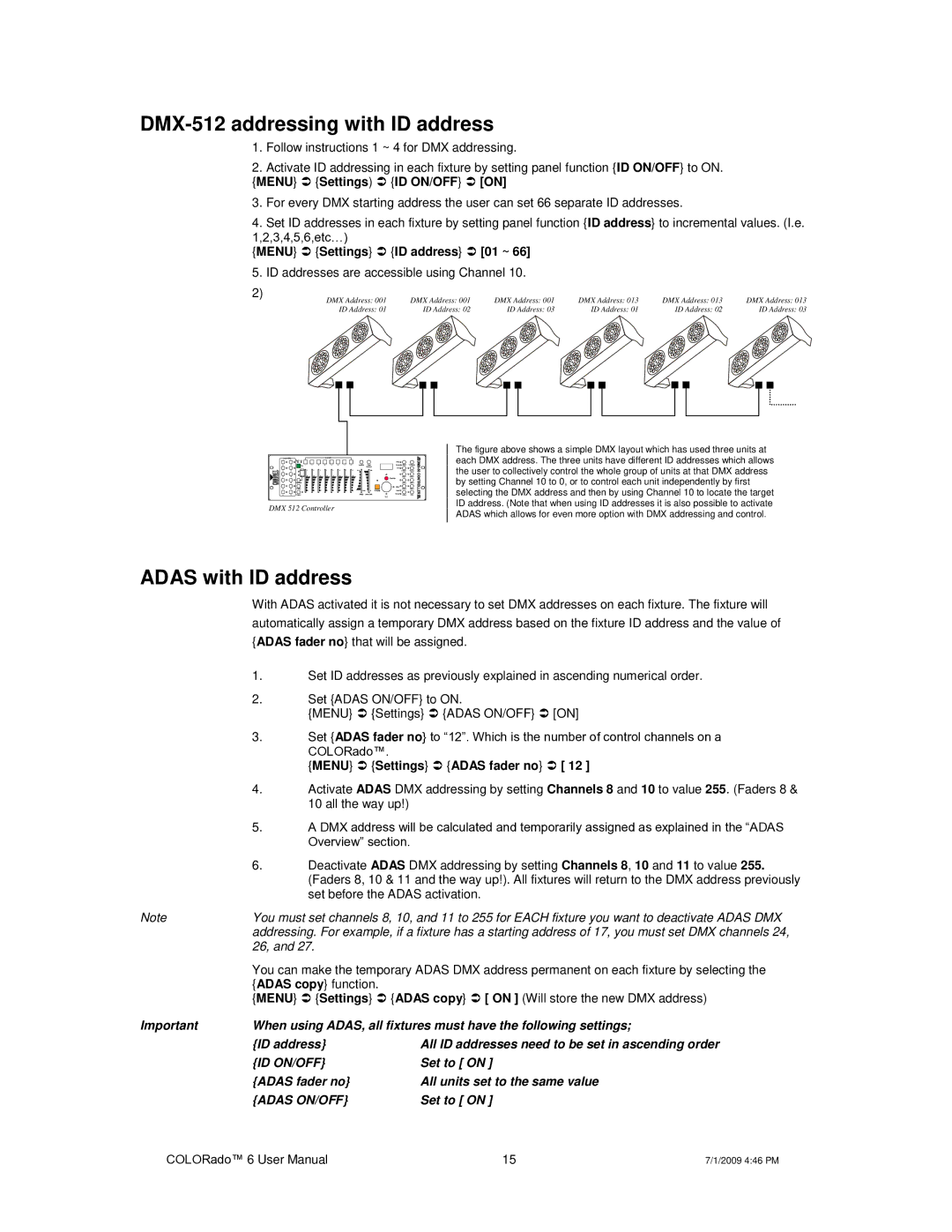 Chauvet 6 user manual DMX-512 addressing with ID address, Adas with ID address, Menu  Settings  ID address  01 ~ 