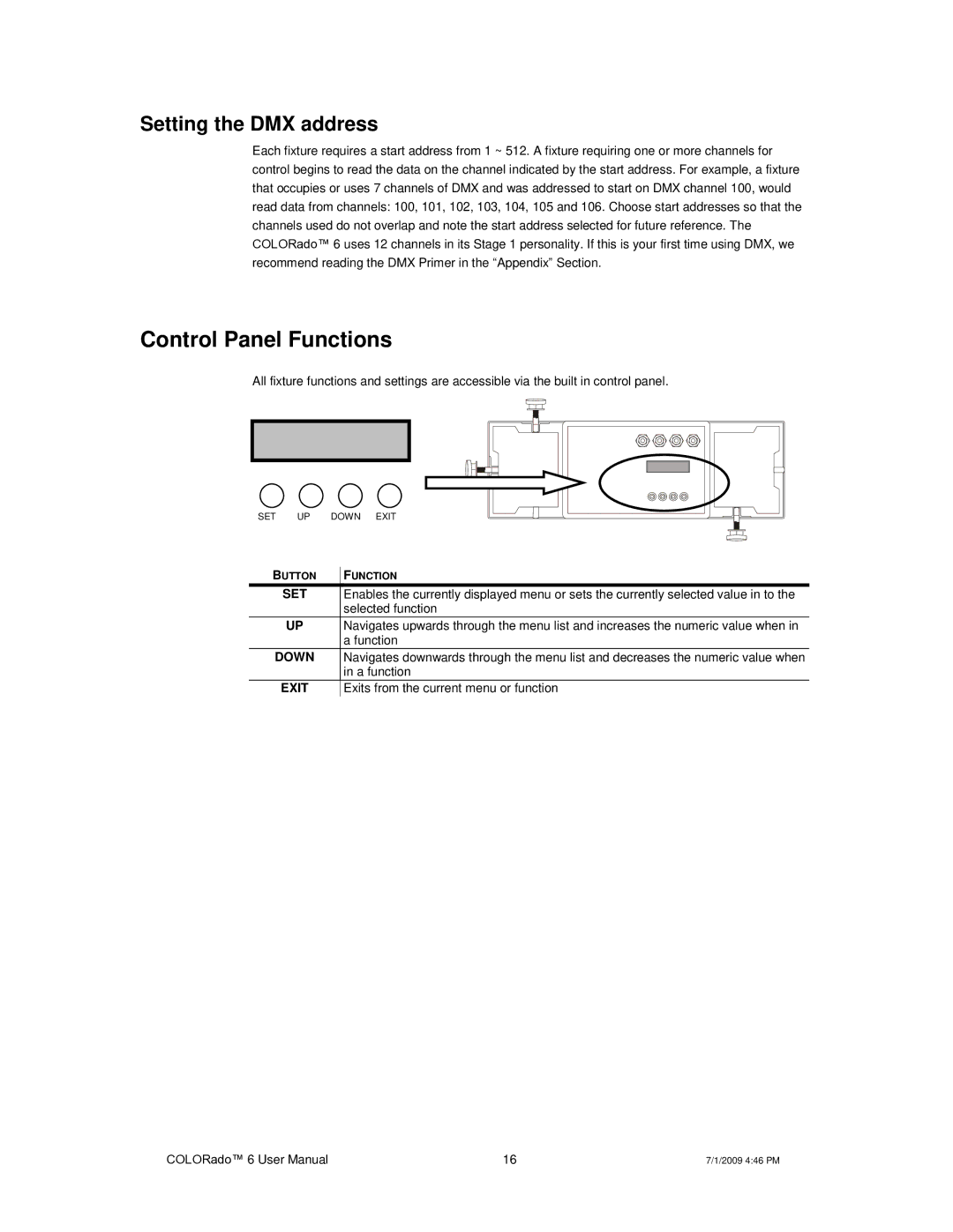 Chauvet 6 user manual Control Panel Functions, Setting the DMX address 