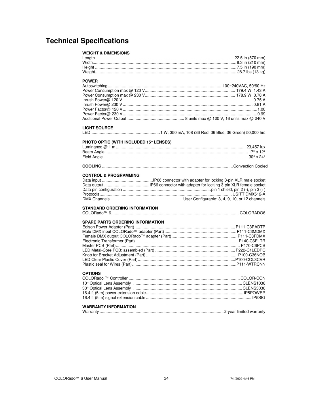 Chauvet 6 user manual Technical Specifications, Power 