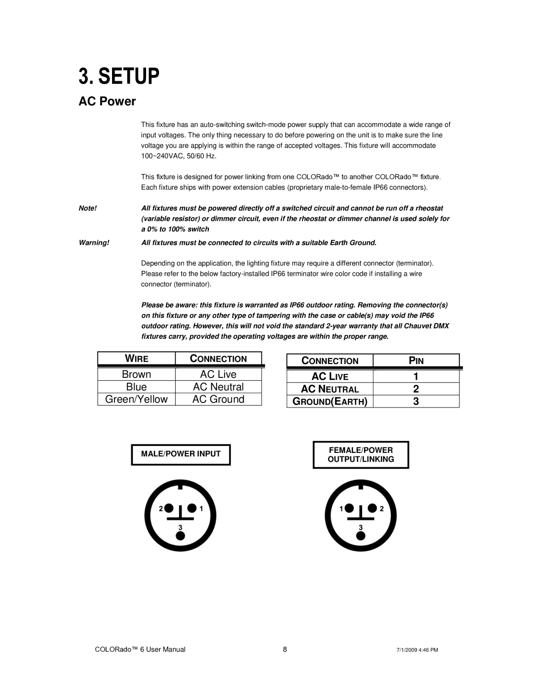 Chauvet 6 user manual Setup, AC Power 