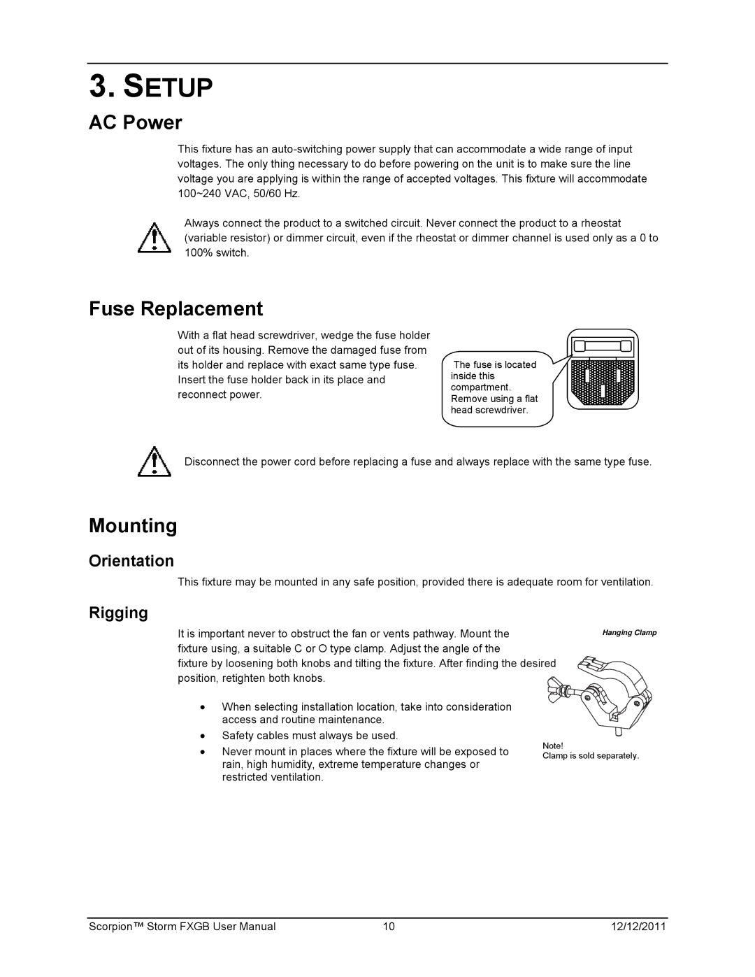 Chauvet 60825-1:2007 manual Setup, AC Power, Fuse Replacement, Mounting 