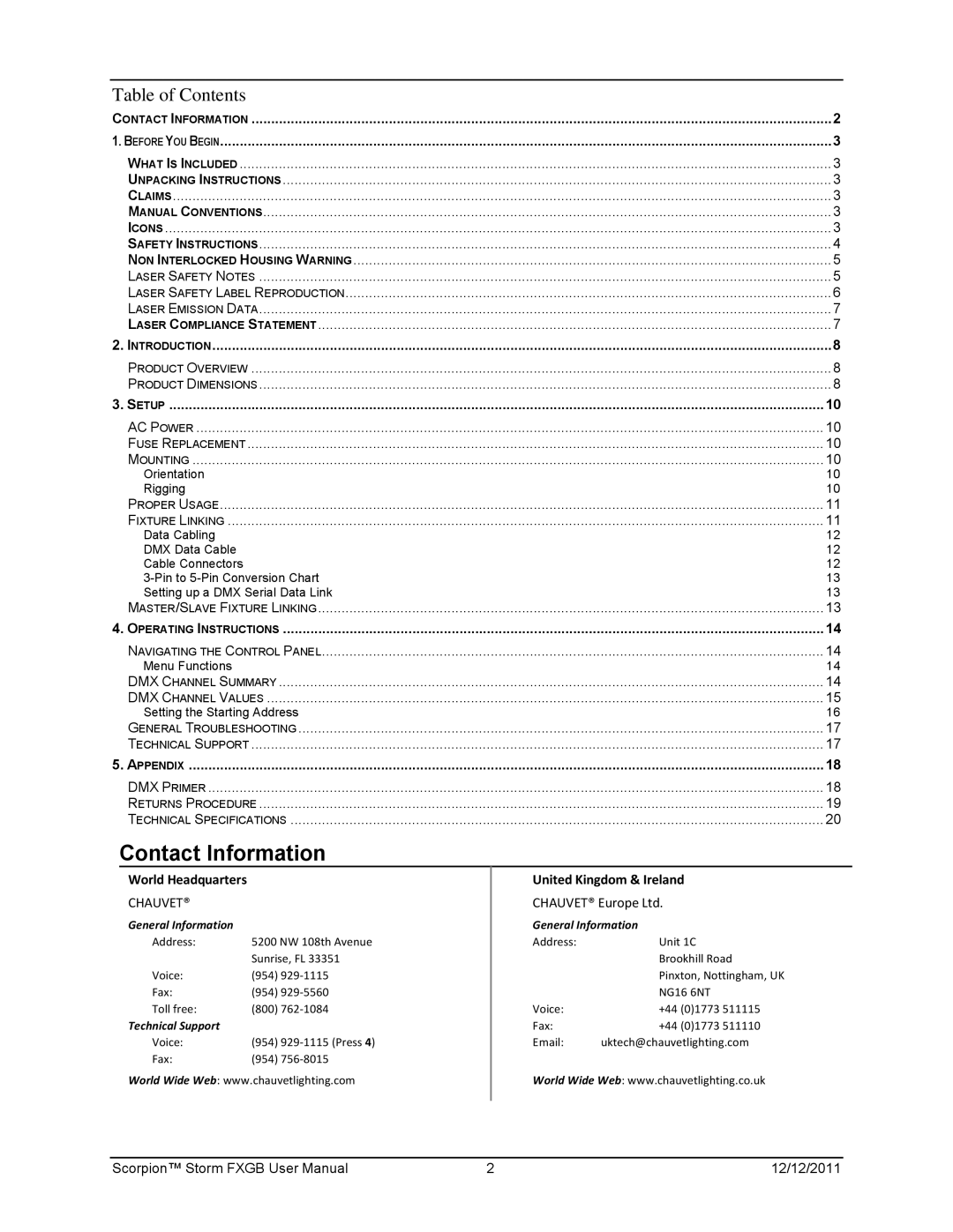 Chauvet 60825-1:2007 manual Contact Information, Table of Contents 