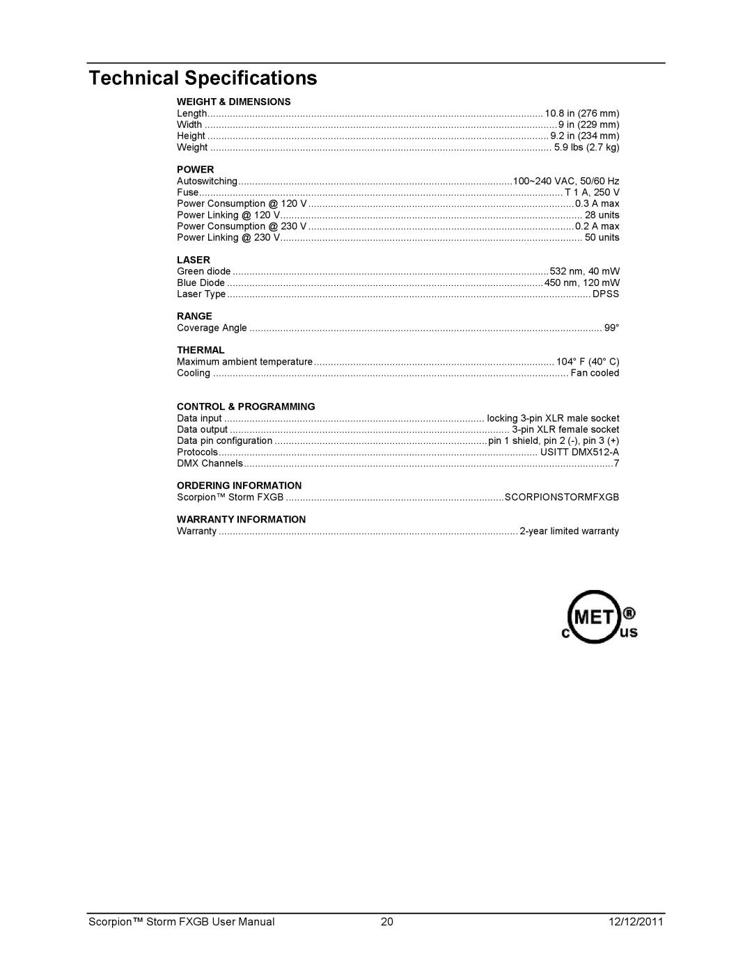 Chauvet 60825-1:2007 manual Technical Specifications, Power 