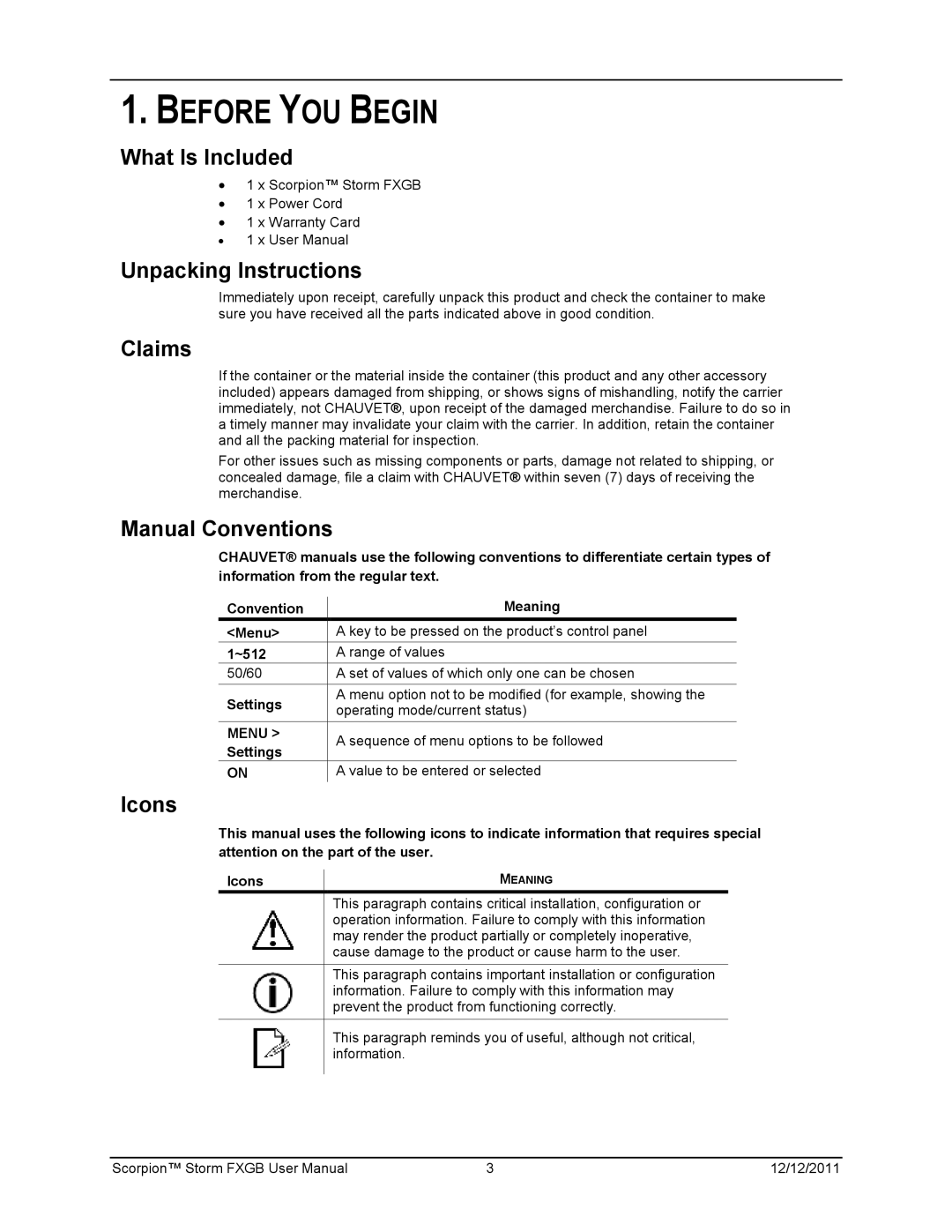 Chauvet 60825-1:2007 manual Before YOU Begin 