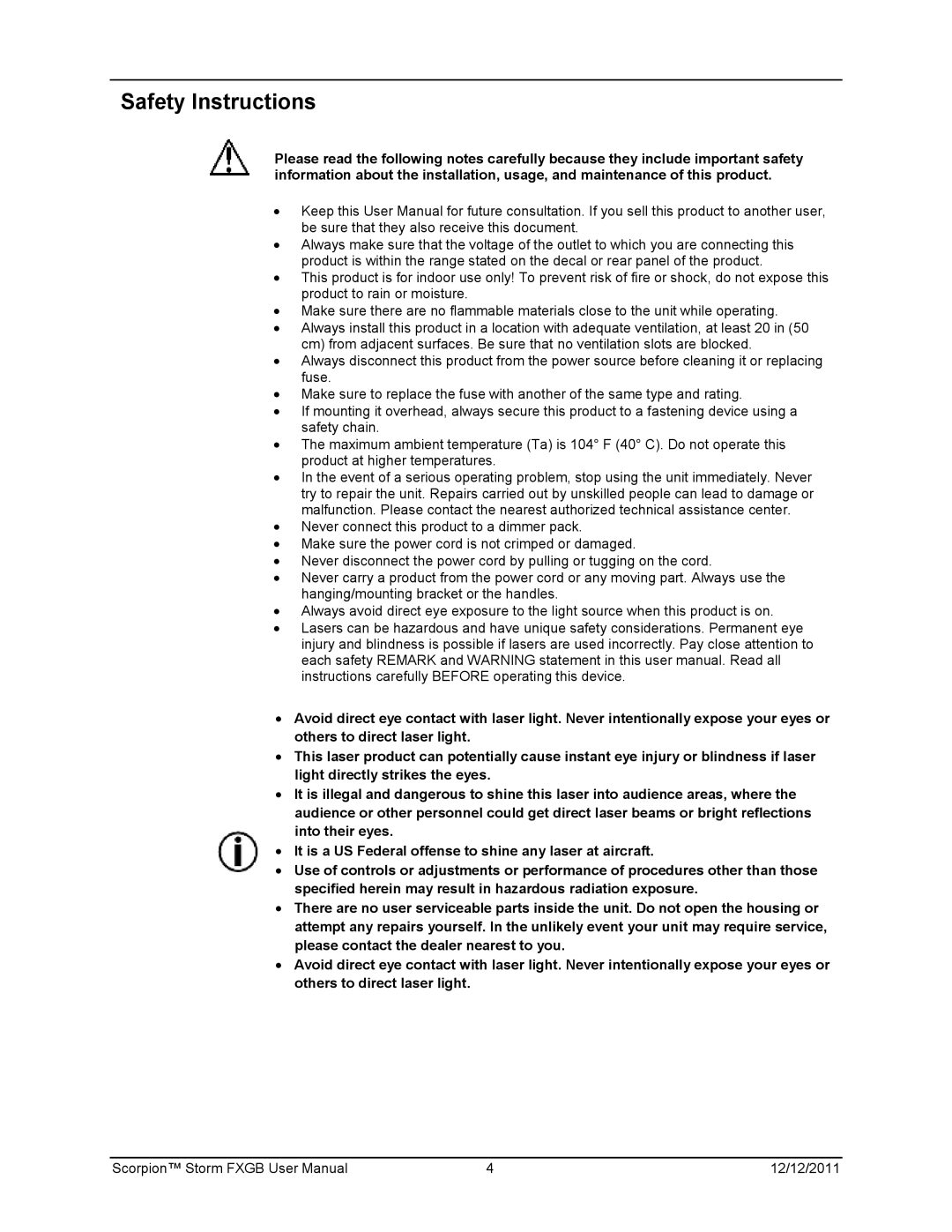 Chauvet 60825-1:2007 manual Safety Instructions 