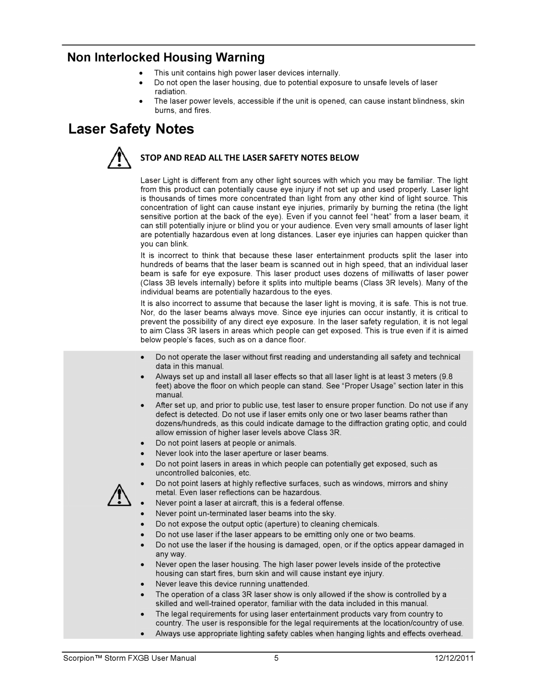 Chauvet 60825-1:2007 manual Laser Safety Notes, Non Interlocked Housing Warning 