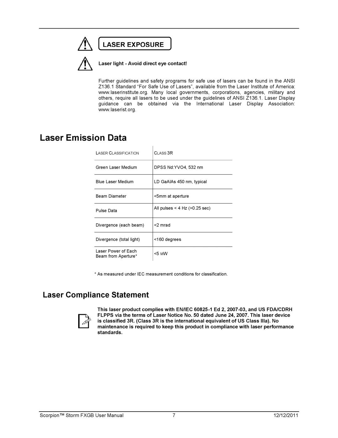 Chauvet 60825-1:2007 manual Laser Emission Data, Laser Compliance Statement 