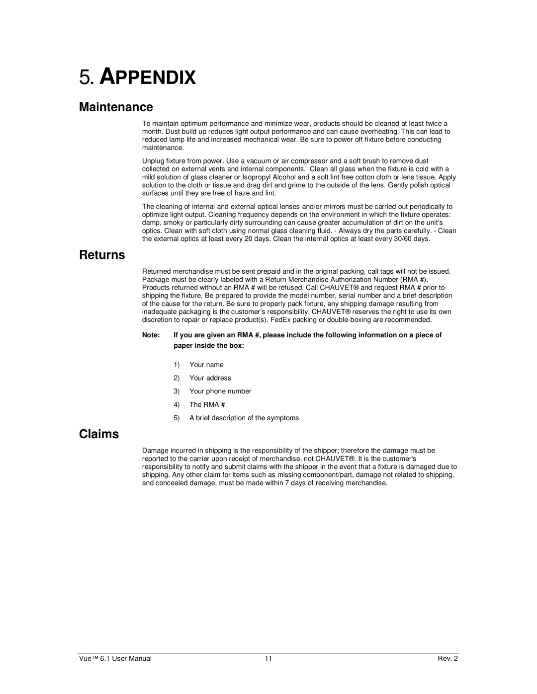 Chauvet 6.1 user manual Appendix, Maintenance, Returns, Claims 