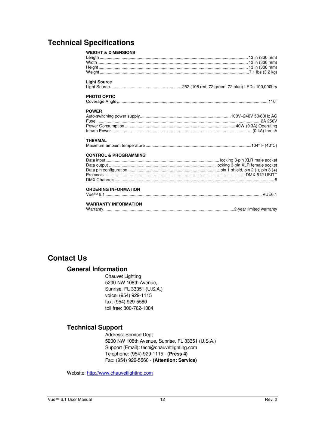 Chauvet 6.1 user manual Technical Specifications, Contact Us, General Information, Technical Support 