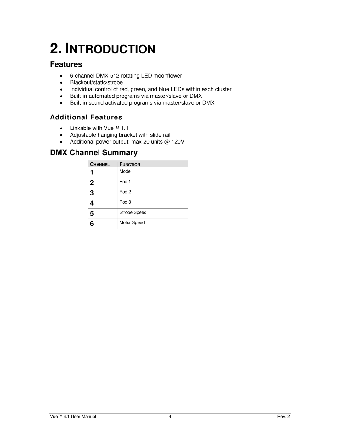 Chauvet 6.1 user manual Introduction, DMX Channel Summary, Additional Features 