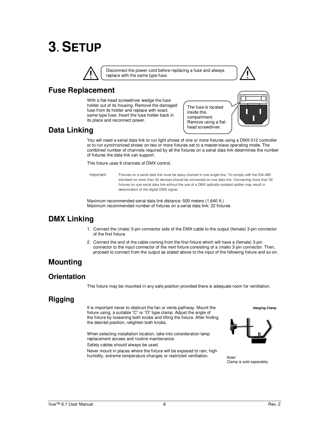 Chauvet 6.1 user manual Setup, Fuse Replacement, Data Linking, DMX Linking, Mounting 