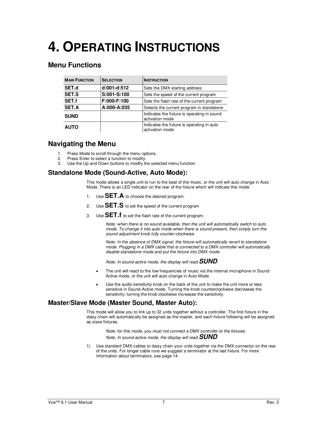 Chauvet 6.1 Operating Instructions, Menu Functions, Navigating the Menu, Standalone Mode Sound-Active, Auto Mode 