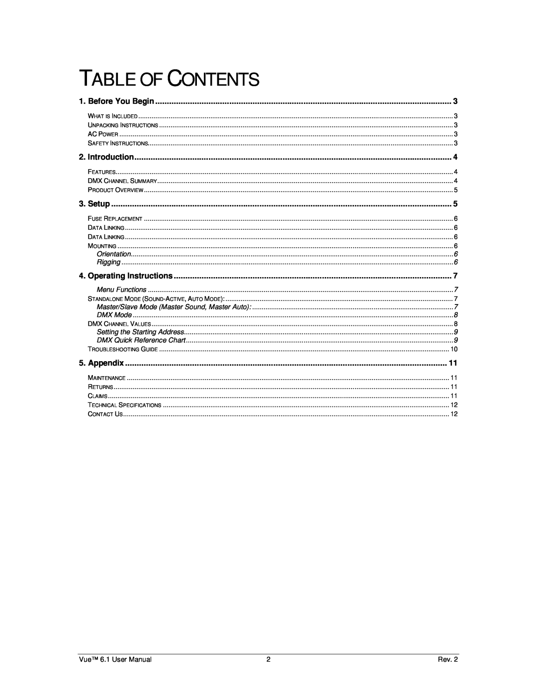 Chauvet 6.1 user manual Table Of Contents, Before You Begin, Introduction, Setup, Operating Instructions, Appendix 