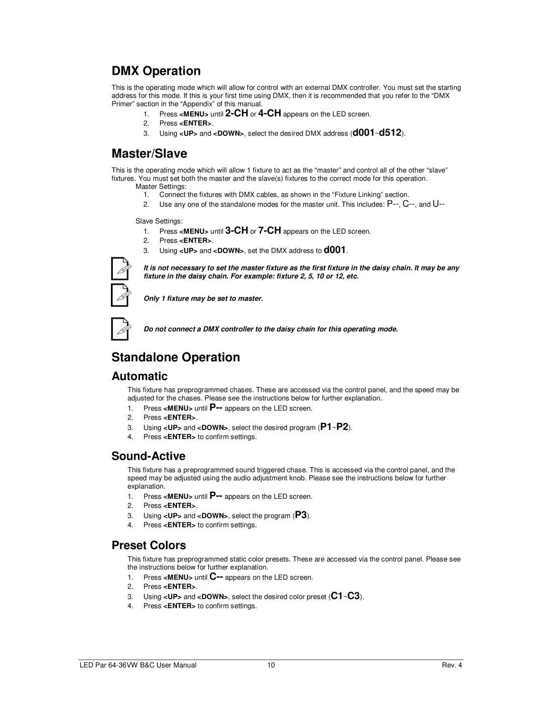 Chauvet 64-36VWB, 64-36VWC user manual DMX Operation, Master/Slave, Standalone Operation 