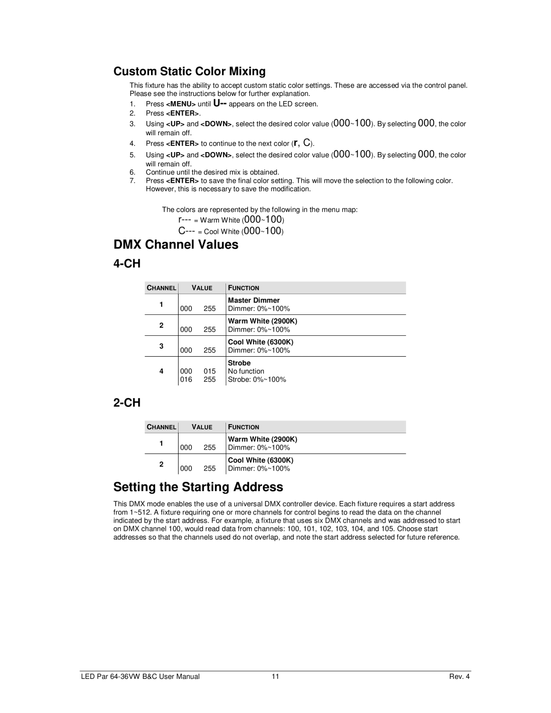 Chauvet 64-36VWC, 64-36VWB user manual DMX Channel Values, Setting the Starting Address, Custom Static Color Mixing 