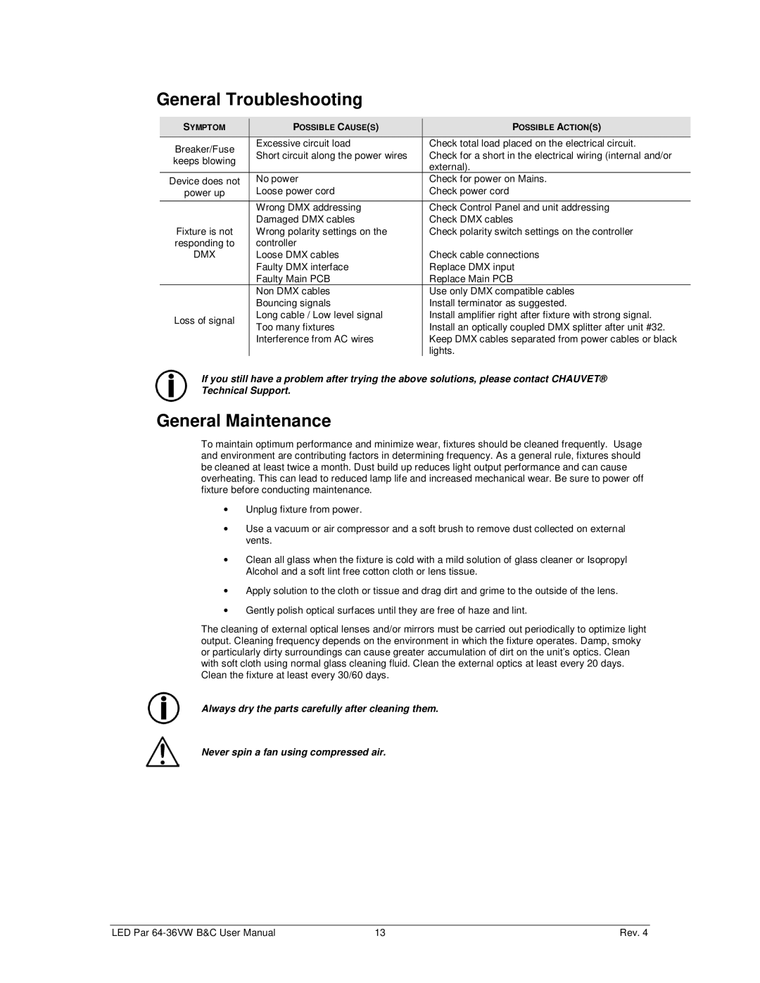 Chauvet 64-36VWC, 64-36VWB user manual General Troubleshooting, General Maintenance, Dmx 