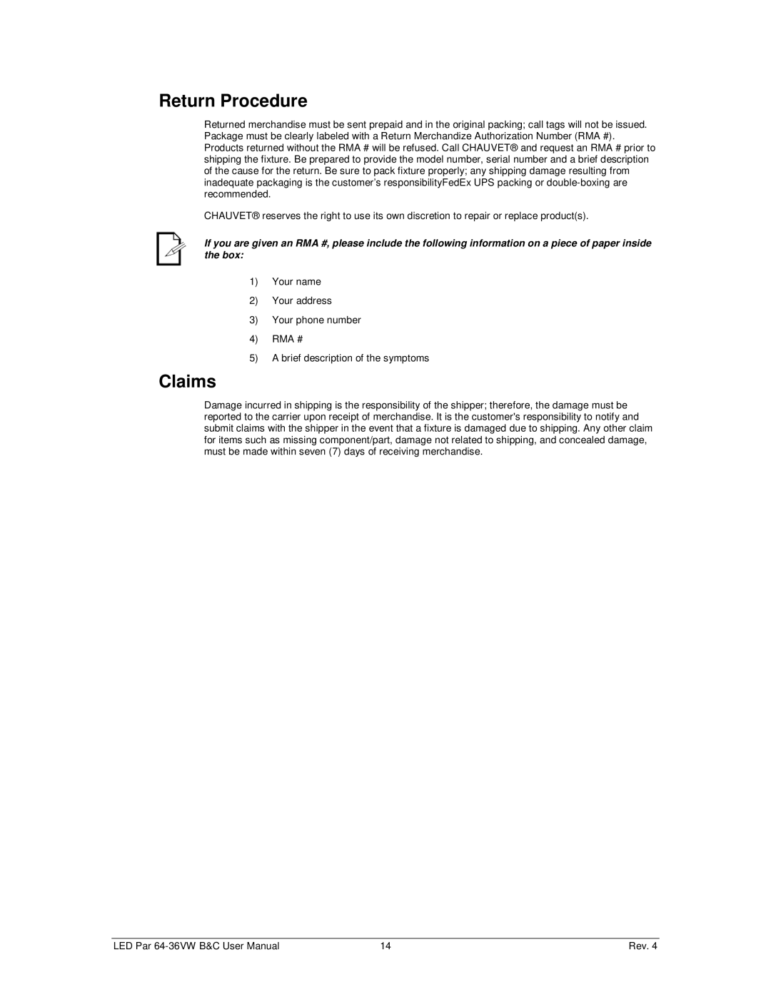 Chauvet 64-36VWB, 64-36VWC user manual Return Procedure, Claims 