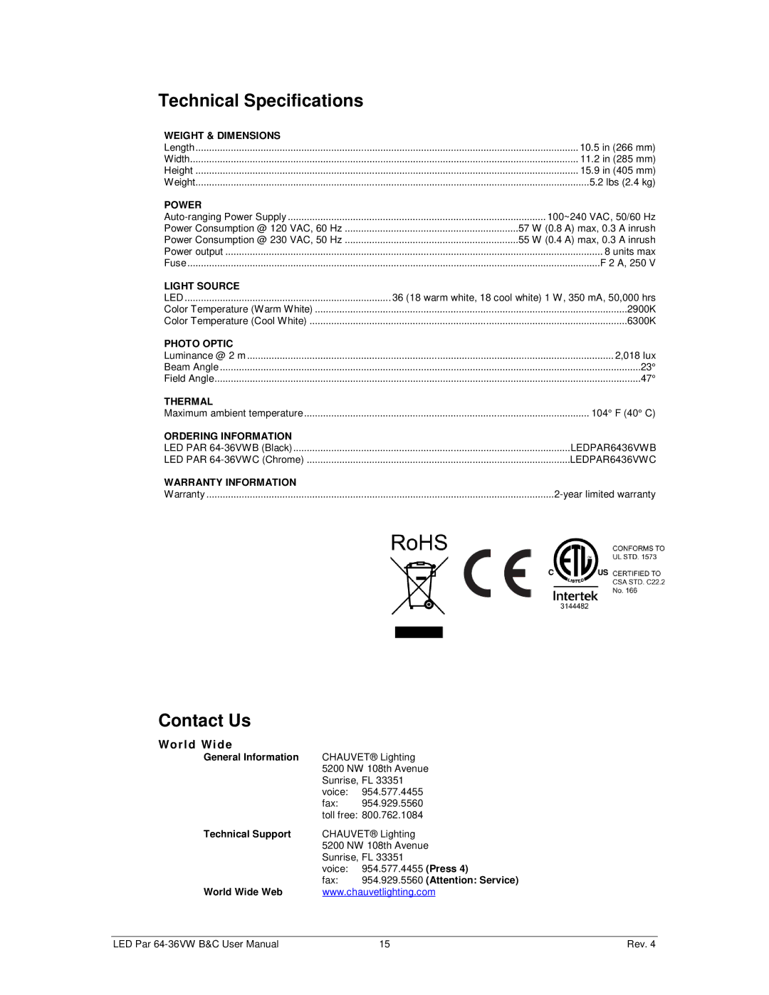 Chauvet 64-36VWC, 64-36VWB user manual Technical Specifications, Contact Us, LEDPAR6436VWB, LEDPAR6436VWC 