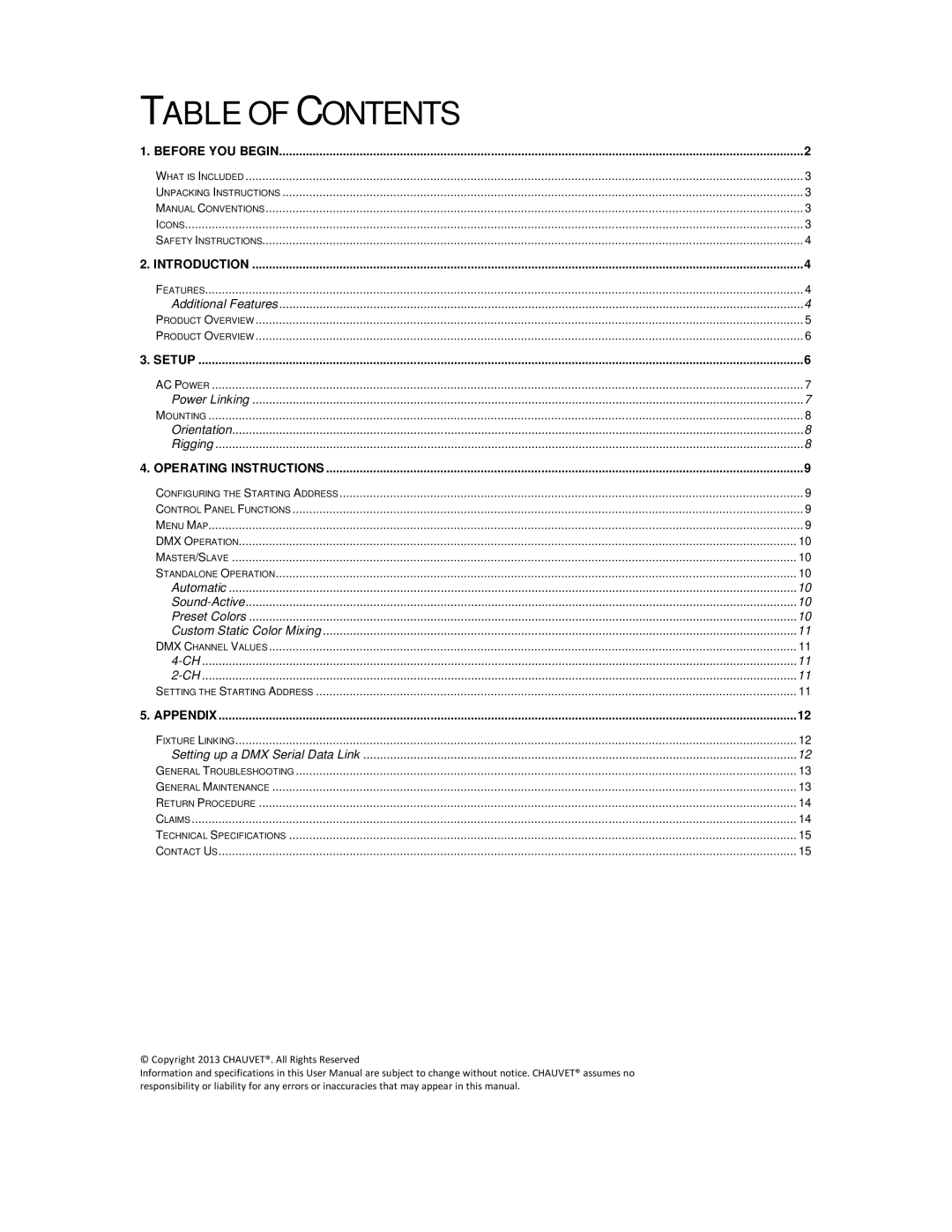 Chauvet 64-36VWB, 64-36VWC user manual Table of Contents 