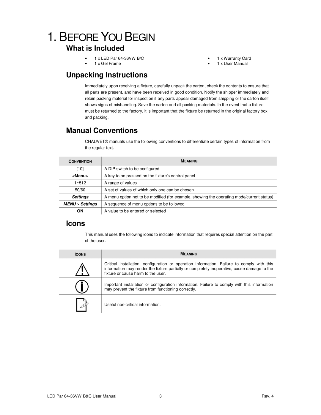 Chauvet 64-36VWC, 64-36VWB user manual Before YOU Begin, What is Included, Unpacking Instructions, Manual Conventions, Icons 