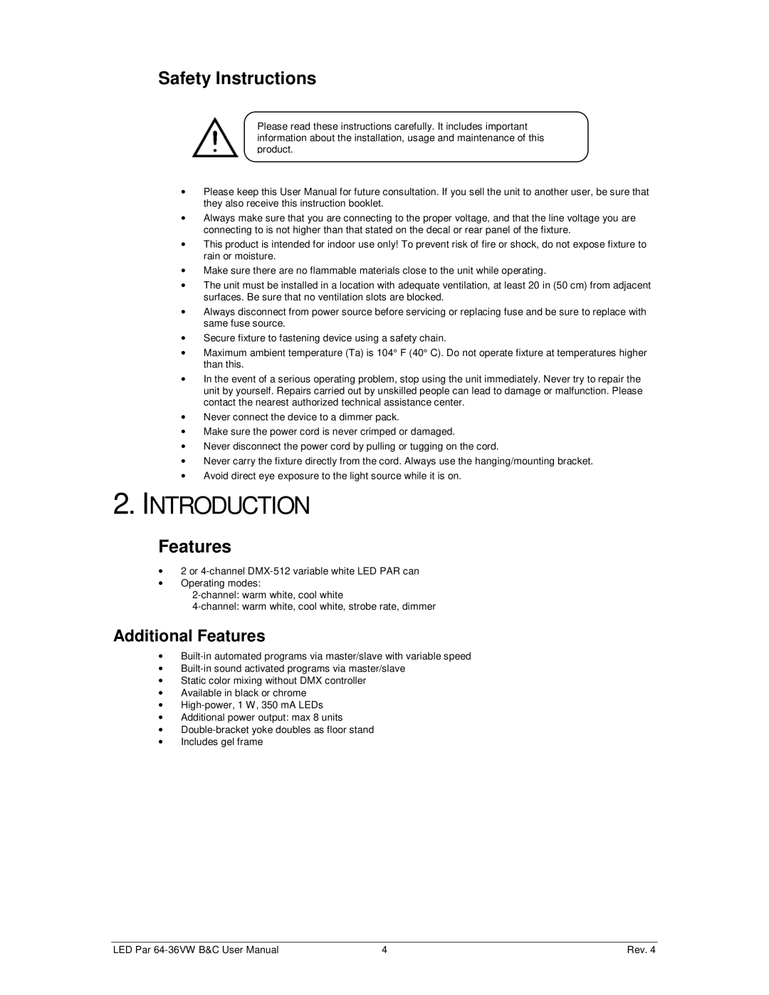 Chauvet 64-36VWB, 64-36VWC user manual Introduction, Safety Instructions, Additional Features 