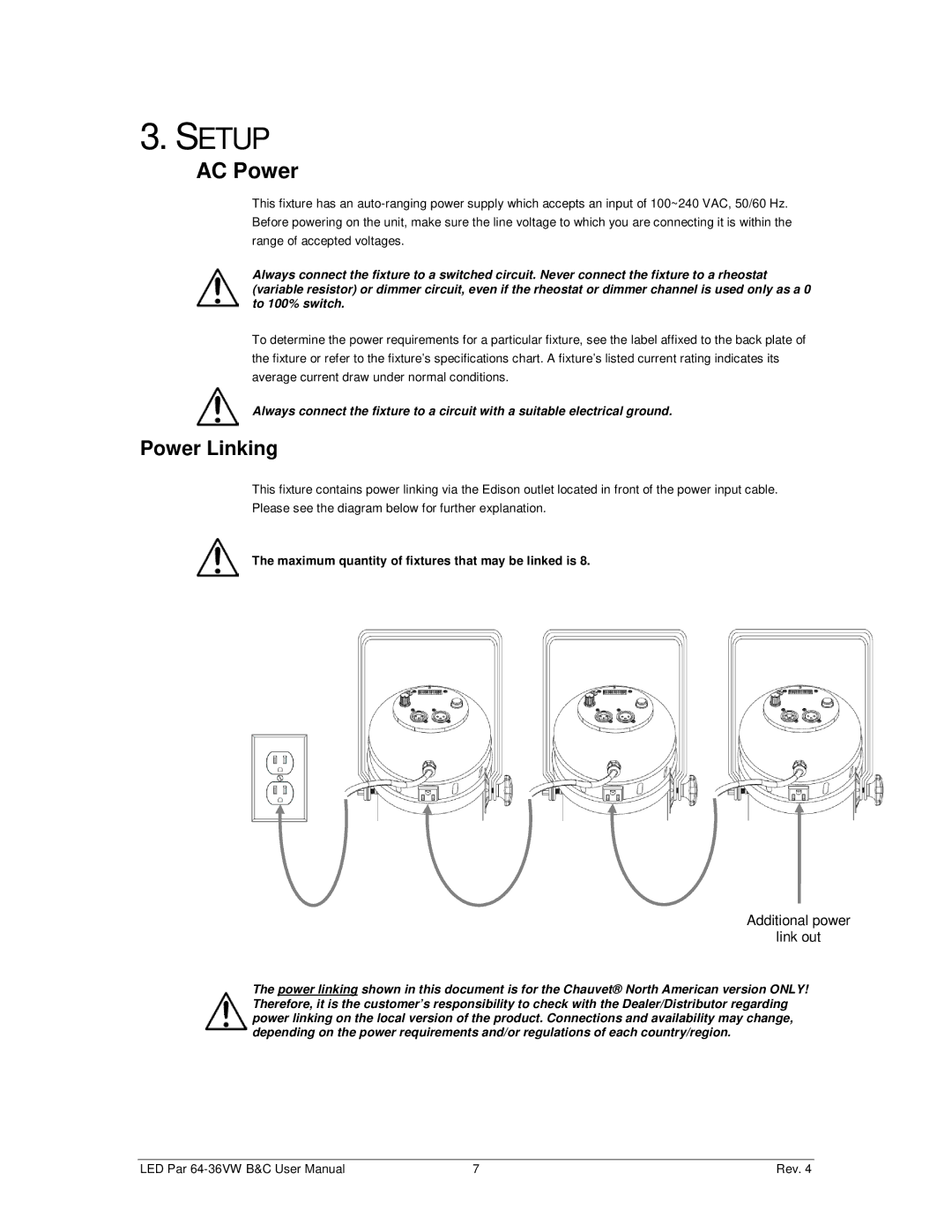 Chauvet 64-36VWC, 64-36VWB user manual Setup, AC Power, Power Linking 