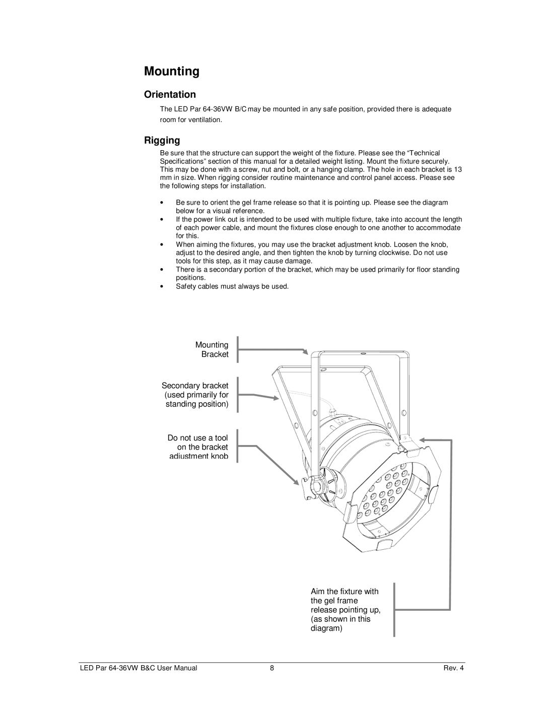 Chauvet 64-36VWB, 64-36VWC user manual Mounting, Orientation 