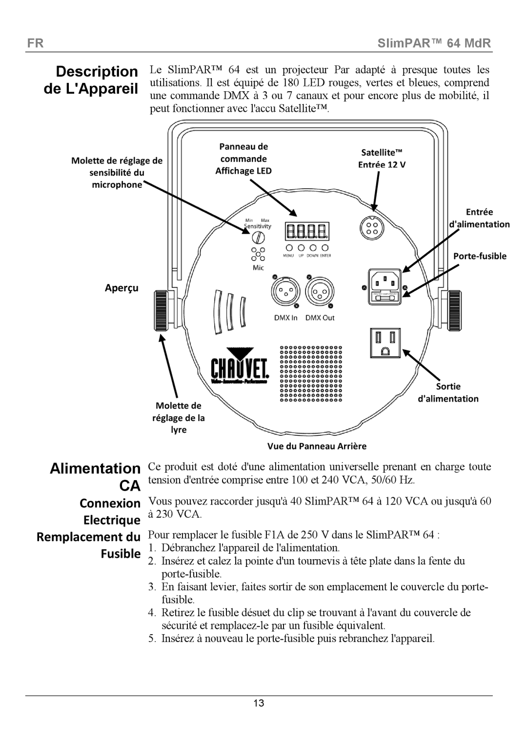 Chauvet 64 manual Alimentation, Connexion Electrique Remplacement du Fusible 