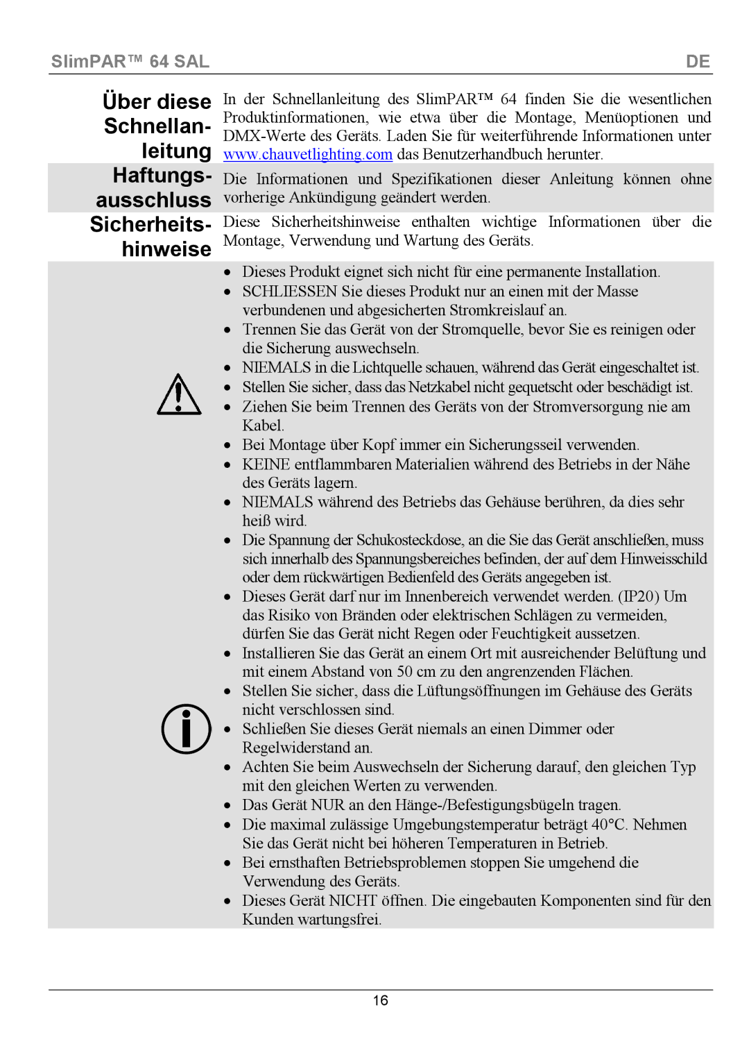 Chauvet 64 manual Über diese Schnellan- leitung, Sicherheits Hinweise, Haftungs- ausschluss 