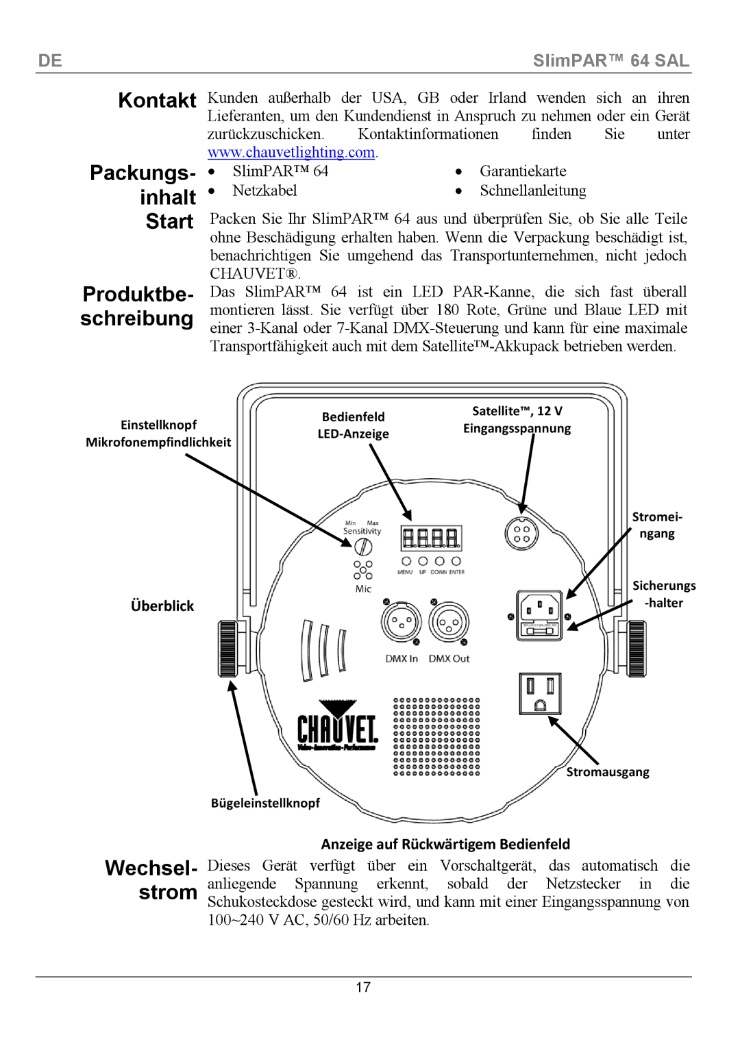 Chauvet 64 manual Kontakt Packungs Inhalt Start Produktbe- schreibung, Wechsel Strom 