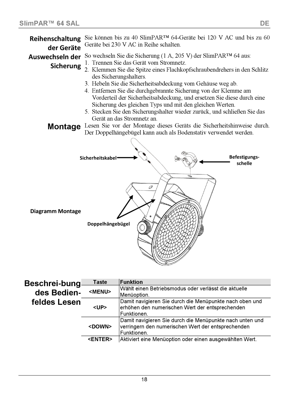 Chauvet 64 manual Montage, Reihenschaltung der Geräte Auswechseln der Sicherung, Beschrei-bung des Bedien- feldes Lesen 