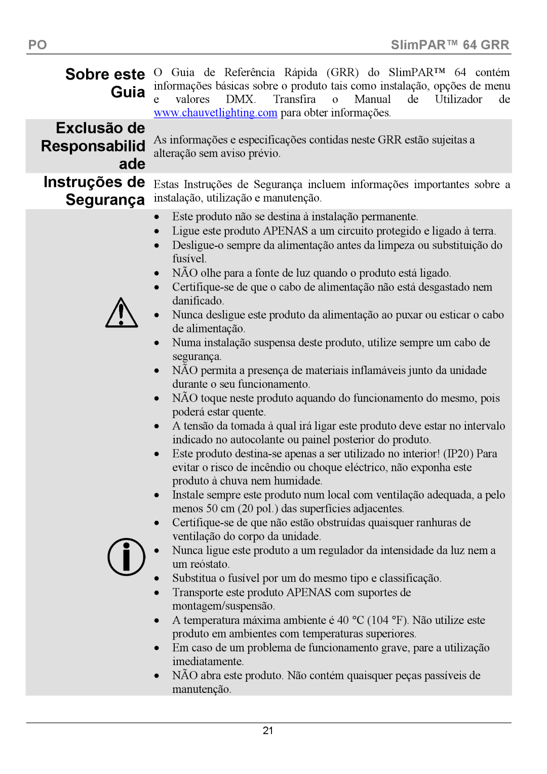 Chauvet 64 manual Exclusão de Responsabilid ade, Sobre este Guia, Instruções de Segurança 