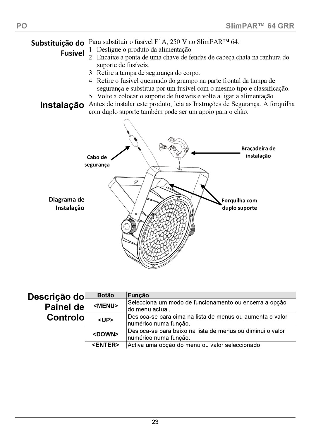 Chauvet 64 manual Instalação, Descrição do Painel de Controlo, Botão Função 