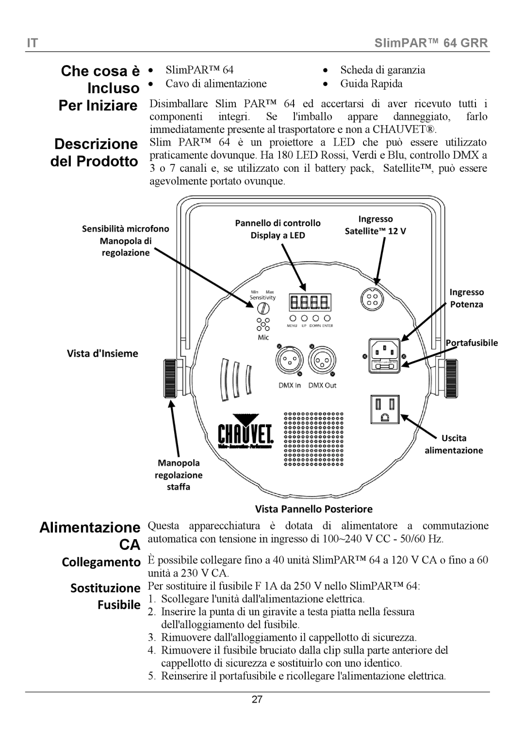 Chauvet 64 Che cosa è Incluso Per Iniziare Descrizione del Prodotto, Alimentazione, Collegamento Sostituzione Fusibile 