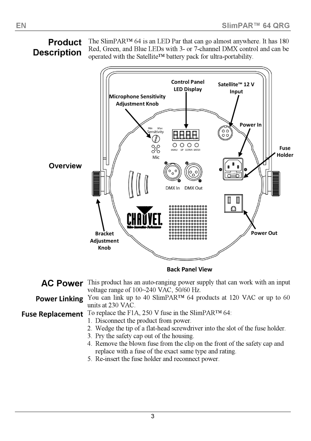 Chauvet 64 manual Product, Description, AC Power, Power Linking 