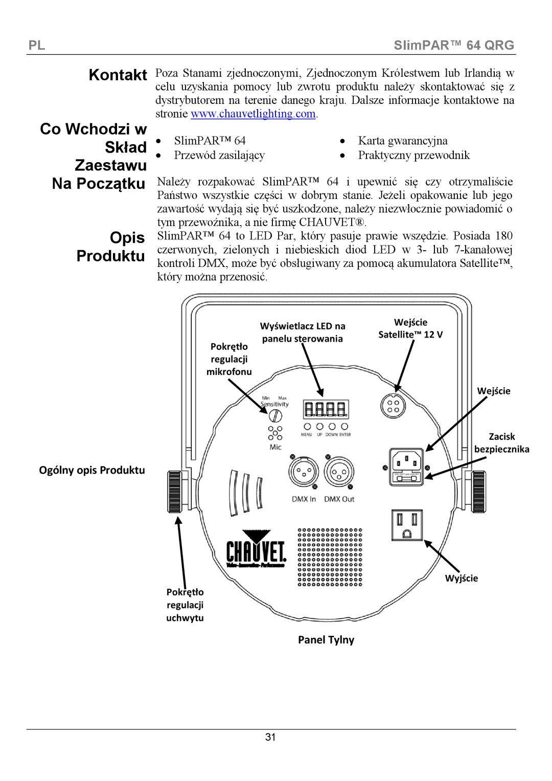 Chauvet 64 manual Ogólny opis Produktu 