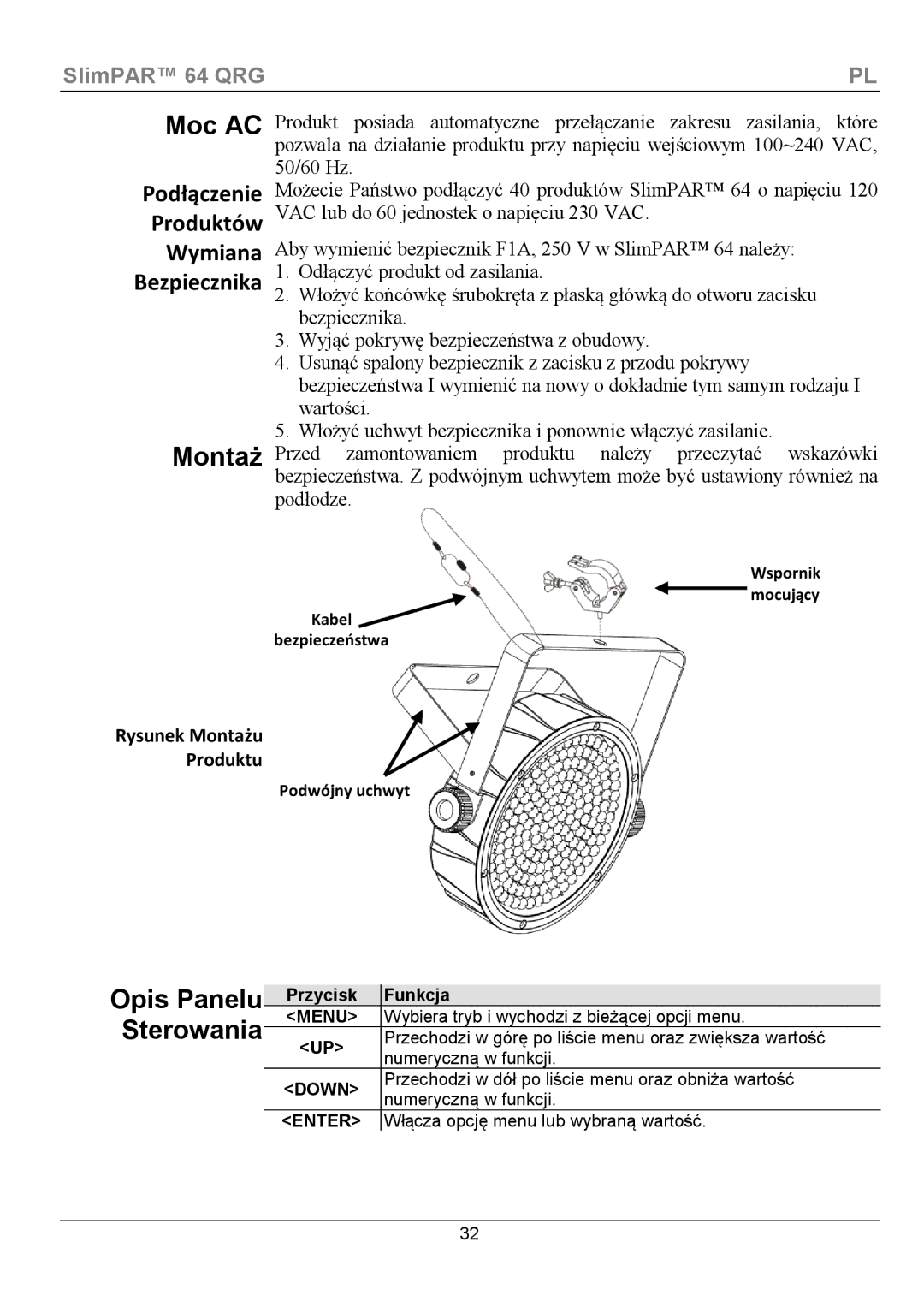 Chauvet 64 manual Moc AC, Montaż, Opis Panelu Sterowania, Podłączenie Produktów Wymiana Bezpiecznika, Funkcja 