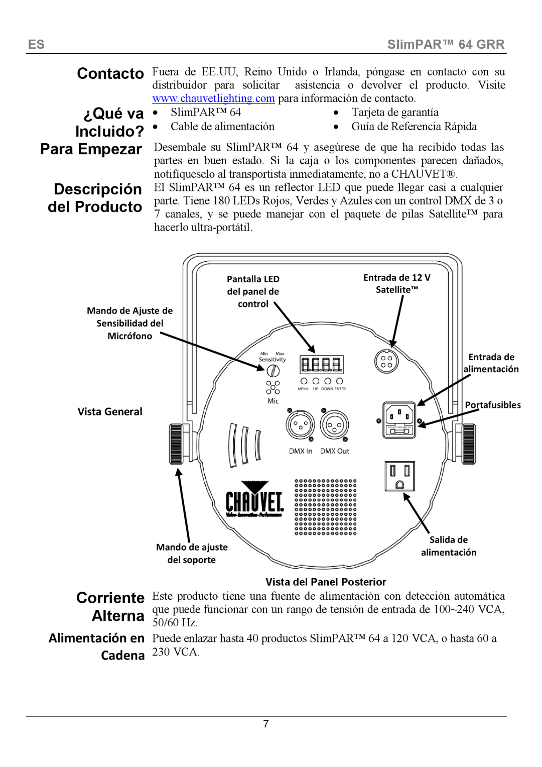 Chauvet 64 manual Corriente Alterna, Vista del Panel Posterior 